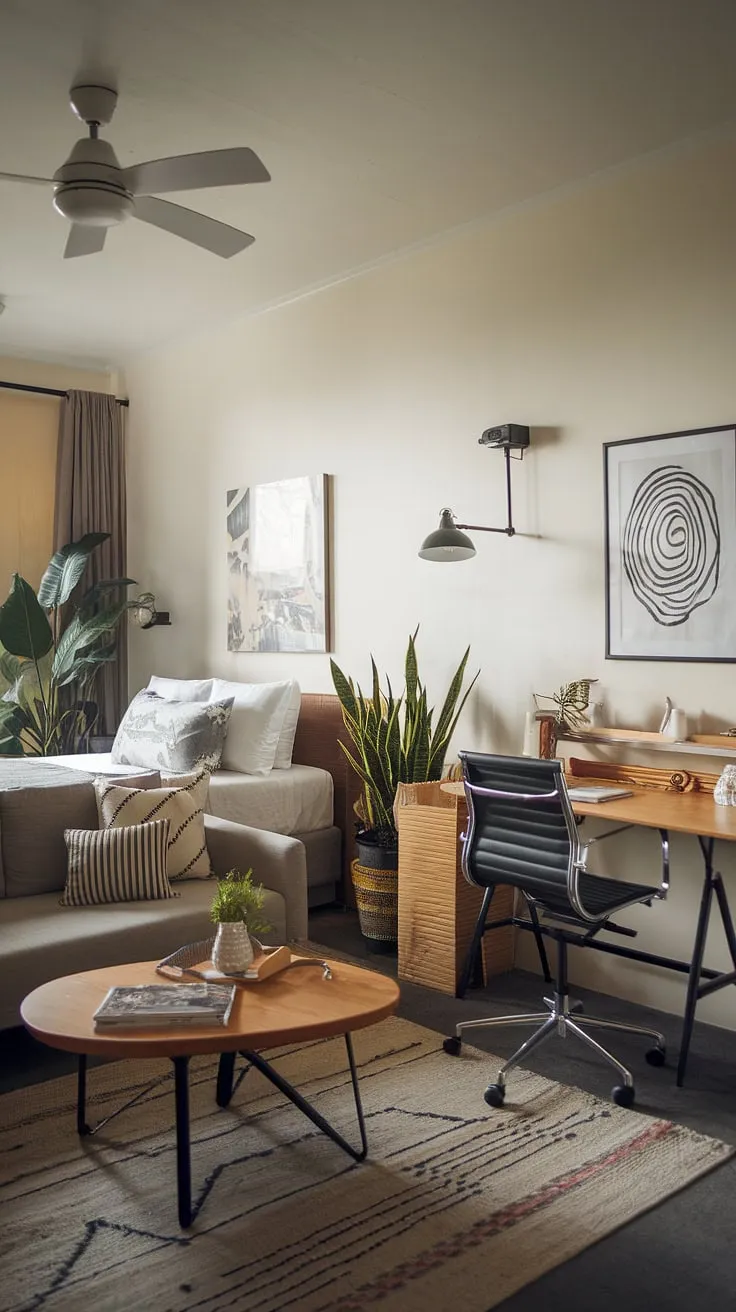 Maximize space and style with this clever living room bedroom combo, perfect for guests or a home office. This multipurpose home office effortlessly blends bedroom and living room functions.