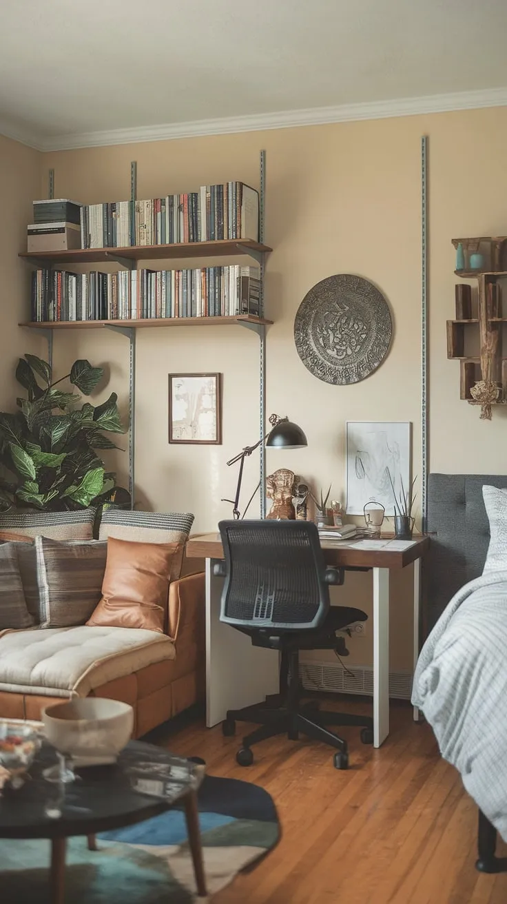 Cozy and functional, this living room bedroom combo effortlessly blends relaxation and productivity. Perfect as a guest bedroom office combo, or a multipurpose home office, this space maximizes every inch.