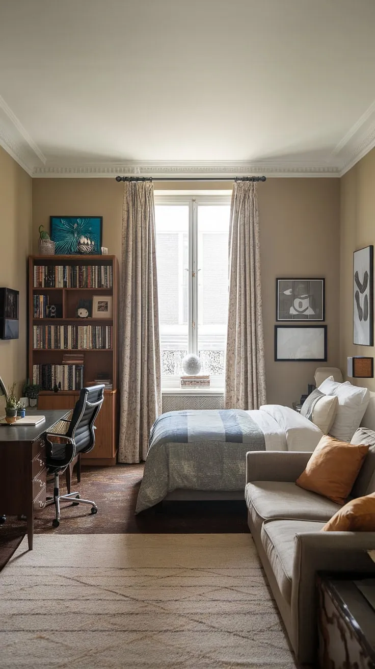 This stunning guest bedroom office seamlessly blends the comfort of a bedroom with the functionality of an office and guest room, creating the ideal office and guest room solution in a compact living room bedroom combo.