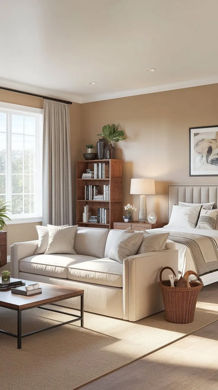 This cozy bedroom office combo cleverly blends the comfort of a guest bedroom with the practicality of a home office. The space seamlessly transitions from a relaxing area with a sofa and coffee table to a private sleeping area with a king-sized bed. This office and guest room solution is perfect for maximizing space in a smaller home, offering a multifunctional area that serves as both a guest bedroom office and a personal office and guest room.