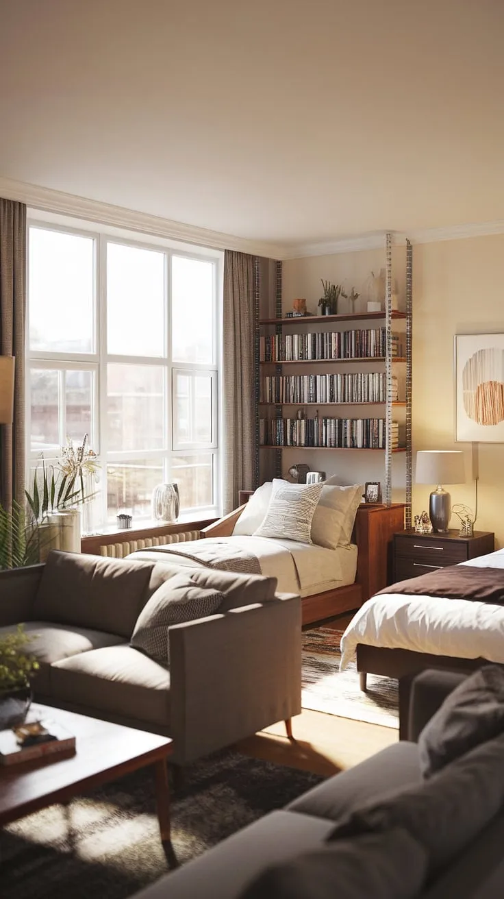 Maximize space and style with this stunning living room bedroom combo. This multifunctional design easily adapts as a bedroom office combo, office and guest room, or even a guest bedroom office, offering ultimate flexibility.