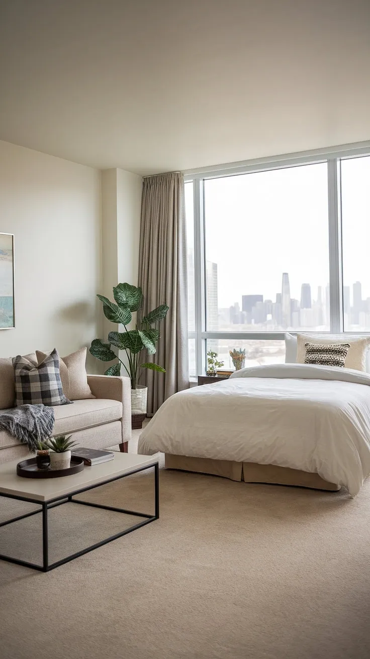 Maximize space and style with this stunning living room bedroom combo, perfect for a guest bedroom office combo or even a multipurpose home office. The city view is just a bonus.