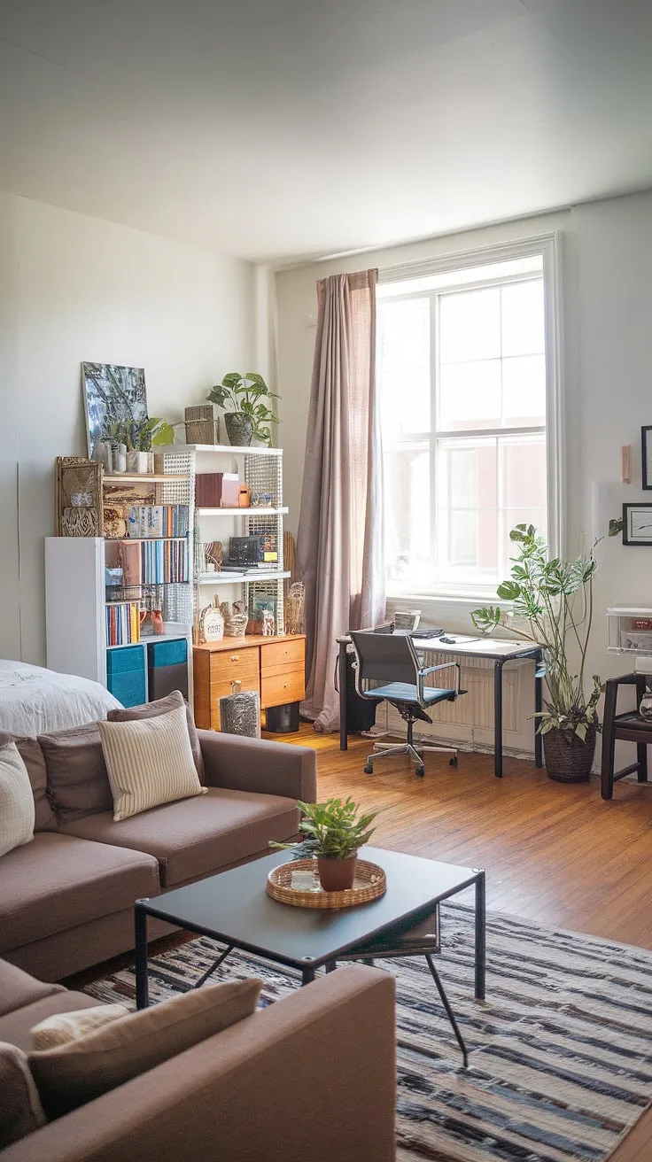 Maximize space and style with this stunning living room bedroom combo, perfect for guests or a quiet home office. This multipurpose home office seamlessly blends comfort and functionality.