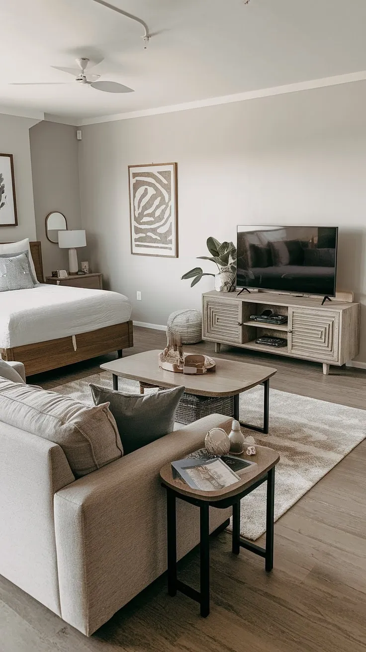 Maximize space and style with this stunning living room bedroom combo, perfect for guests or a versatile home office. This multipurpose design seamlessly blends comfort and functionality, ideal as a guest bedroom office combo or even an office and guest room.