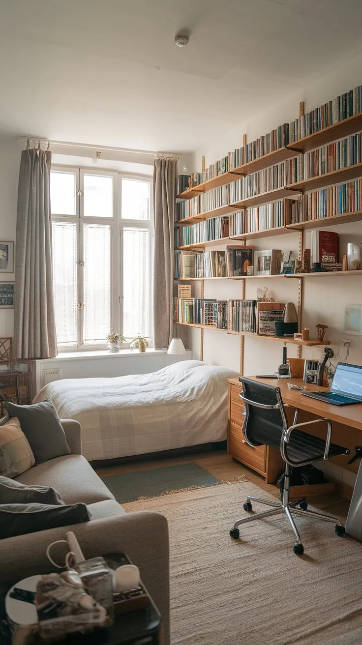 Maximize space and style in this ingenious guest bedroom office combo. This bedroom office combo cleverly combines a comfortable sleeping area with a dedicated workspace, featuring a desk, laptop, and bookshelf. Perfect as a multipurpose home office or an office and guest room, this design showcases how a living room bedroom combo can be both practical and aesthetically pleasing. The large window and soft rug add to the room's overall charm.