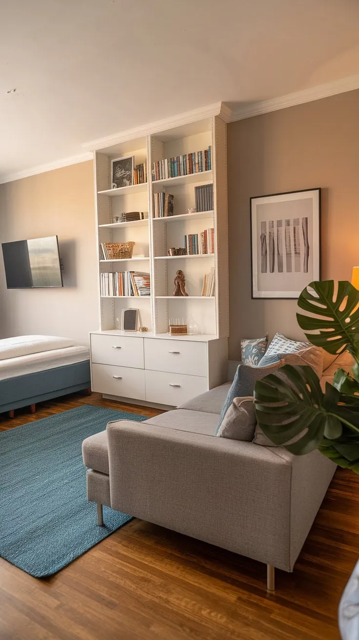 Transform your small space into a versatile haven with this living room bedroom combo. Ideal as a bedroom office combo, guest bedroom office, or even an office and guest room, this design proves that functionality and style can coexist beautifully.