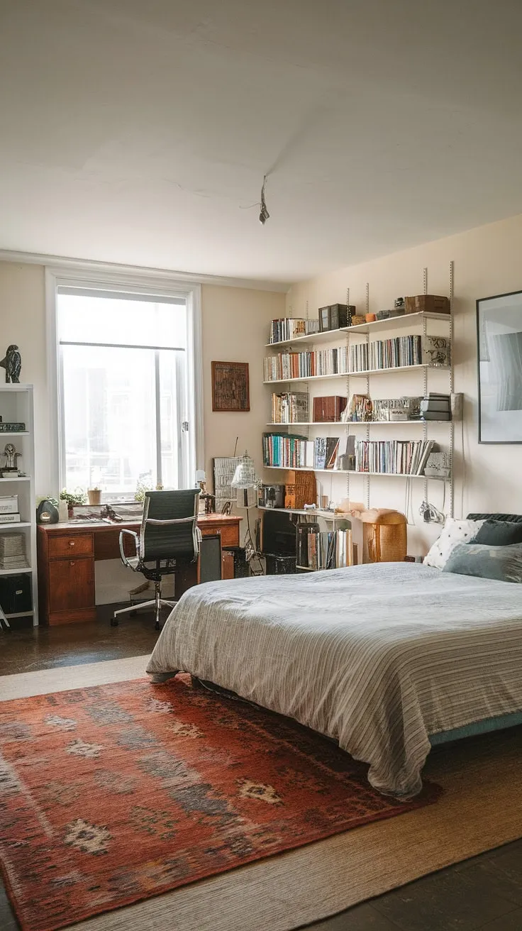 This multipurpose home office cleverly combines a cozy guest bedroom with a dedicated workspace, proving that a small space can be both productive and restful. The living room bedroom combo seamlessly integrates a comfortable bed and a functional desk, creating a perfect guest bedroom office combo.