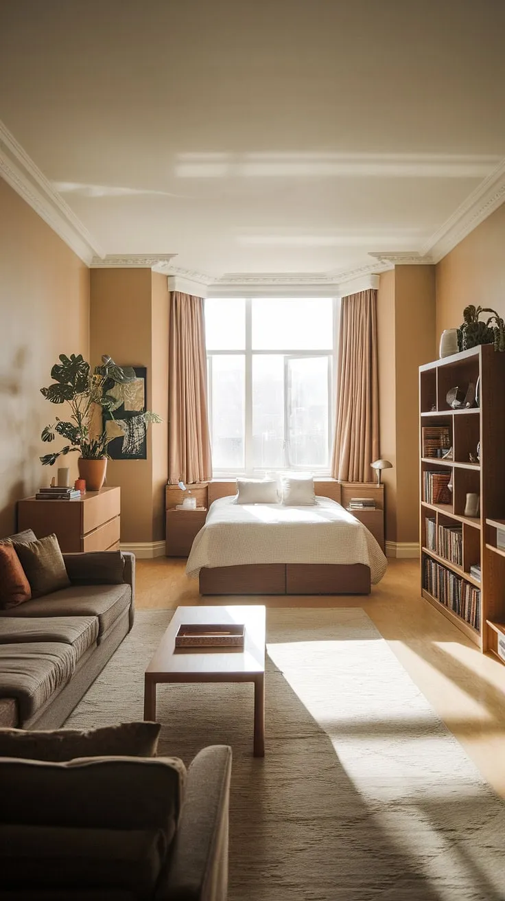 Maximize space and style with this stunning living room bedroom combo. The perfect solution for a guest bedroom office, office bedroom combo, or even an office and guest room, offering comfort and functionality in one beautiful space.