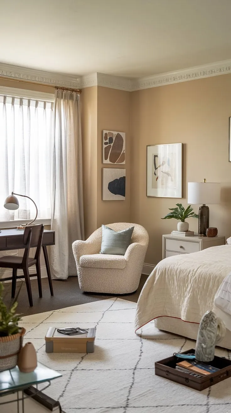 This versatile living room bedroom combo seamlessly blends comfort and functionality. A queen-size bed provides a restful retreat, while a cozy reading chair and nearby desk create a perfect guest bedroom office combo, ideal for both relaxation and work. The large window floods the space with natural light, enhancing the multipurpose home office feel. A few carefully chosen accessories complete the design, transforming this bedroom office combo into a welcoming and efficient space.