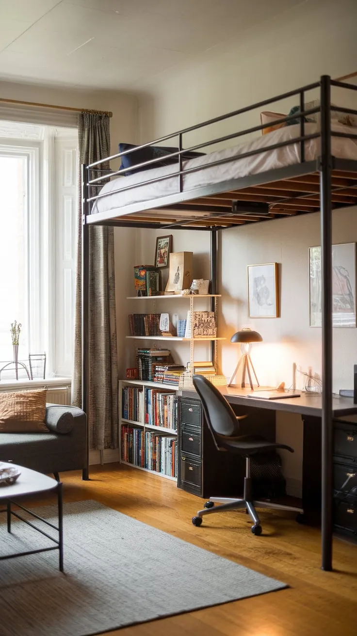 This cleverly designed living room bedroom combo maximizes space with a lofted bed, creating a cozy sleeping area below a functional workspace. The addition of a bookshelf and desk transforms this into a perfect guest bedroom office combo, ideal for overnight guests needing a quiet place to work. This multipurpose home office solution is a fantastic example of a bedroom office combo, seamlessly blending relaxation and productivity.