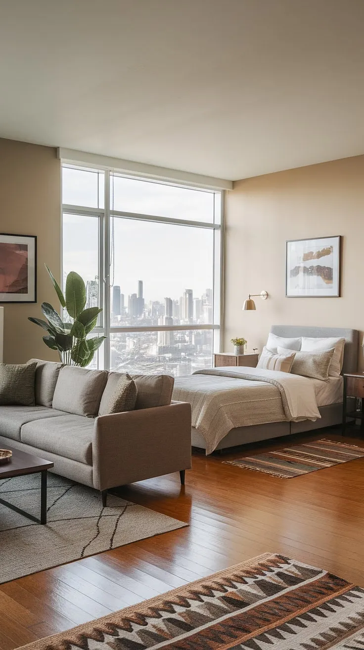 Maximize space and style with this stunning living room bedroom combo, perfect for a guest bedroom office combo or even a multipurpose home office. The city view is just a bonus.
