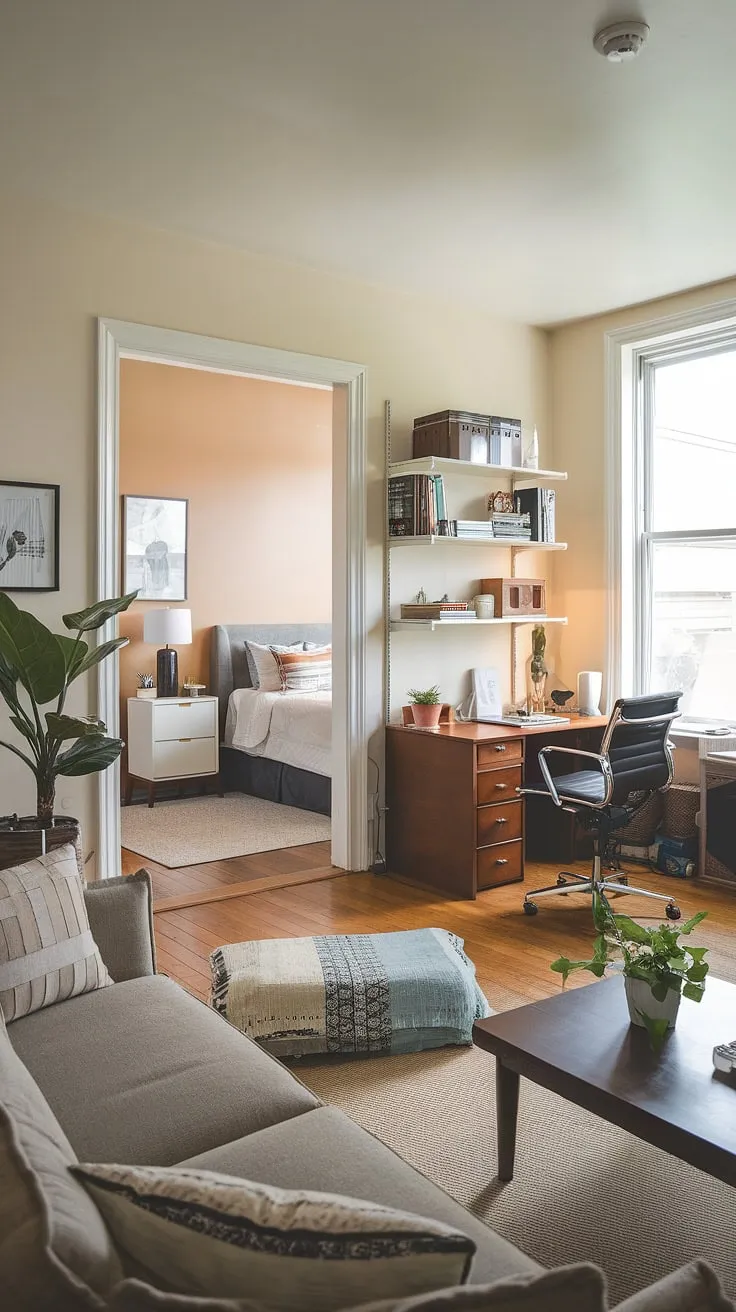 This cleverly designed space seamlessly blends living room, bedroom, and office functionality. The result is a multipurpose home office perfect for those needing a guest bedroom office combo, offering both comfort and productivity in a compact footprint. A perfect example of a bedroom office combo maximizing space.