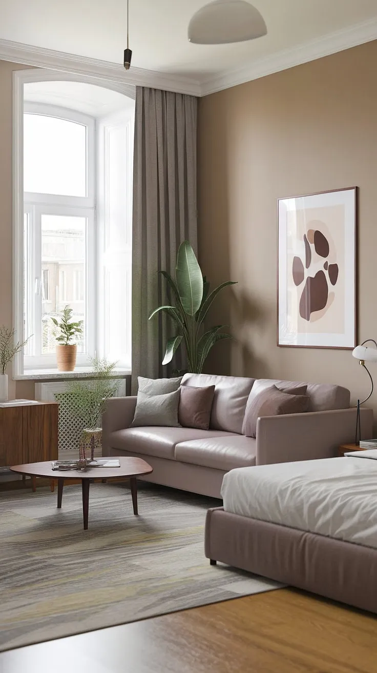 This multifunctional space seamlessly blends the comfort of a bedroom with the practicality of an office. Designed as a living room bedroom combo, this room easily transitions from a relaxing retreat to a productive workspace. The thoughtful layout, featuring a sofa, bed, and plant, makes it a perfect guest bedroom office, office bedroom combo, or even a multipurpose home office. The warm wooden floors and beige walls create a welcoming atmosphere for both work and rest, making it an ideal office and guest room solution.
