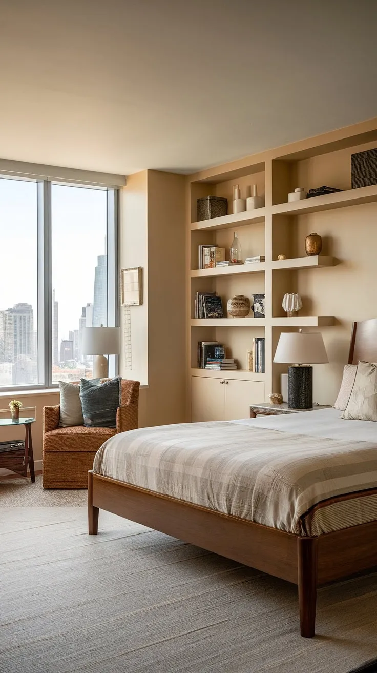 Maximize space and style in this cleverly designed guest bedroom office. This office bedroom combo seamlessly integrates a comfortable queen-size bed with a dedicated workspace featuring built-in shelves and a reading chair, perfect for a multipurpose home office. The stunning city view from the large window enhances the ambiance of this efficient office and guest room, ideal for guests or as a productive home office.