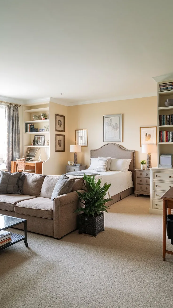 Cozy and functional, this living room bedroom combo effortlessly blends relaxation and productivity. Perfect as a guest bedroom office combo, or a multipurpose home office, this space maximizes every square foot.
