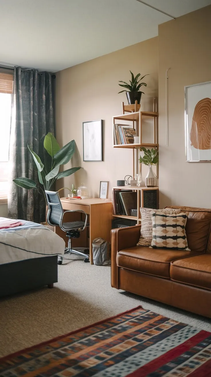 This stunning guest bedroom office seamlessly blends the comfort of a bedroom with the functionality of an office and guest room, creating the ideal office and guest room solution. A perfect example of a living room bedroom combo design.