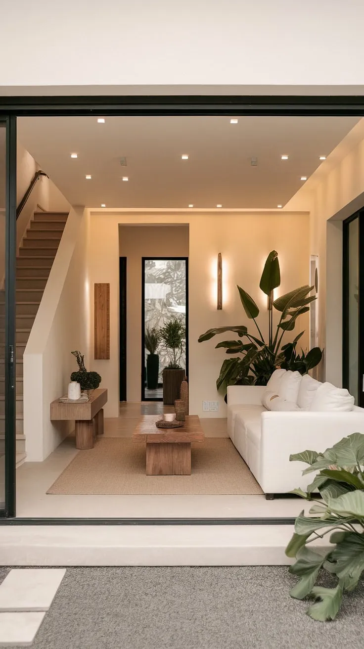 This modern house entrance boasts a minimalist aesthetic, creating a welcoming ambiance from the moment you step inside. The living room entrance flows effortlessly into the space, featuring a white sofa, wooden coffee table, and potted plants. Sleek entryway ideas are evident in the clean lines and neutral palette. The under staircase wall decor adds a touch of personality, while the overall design offers inspiration for entry hallway ideas. The beige carpet and thoughtfully chosen decorative pieces complete this stunning modern home entrance design.