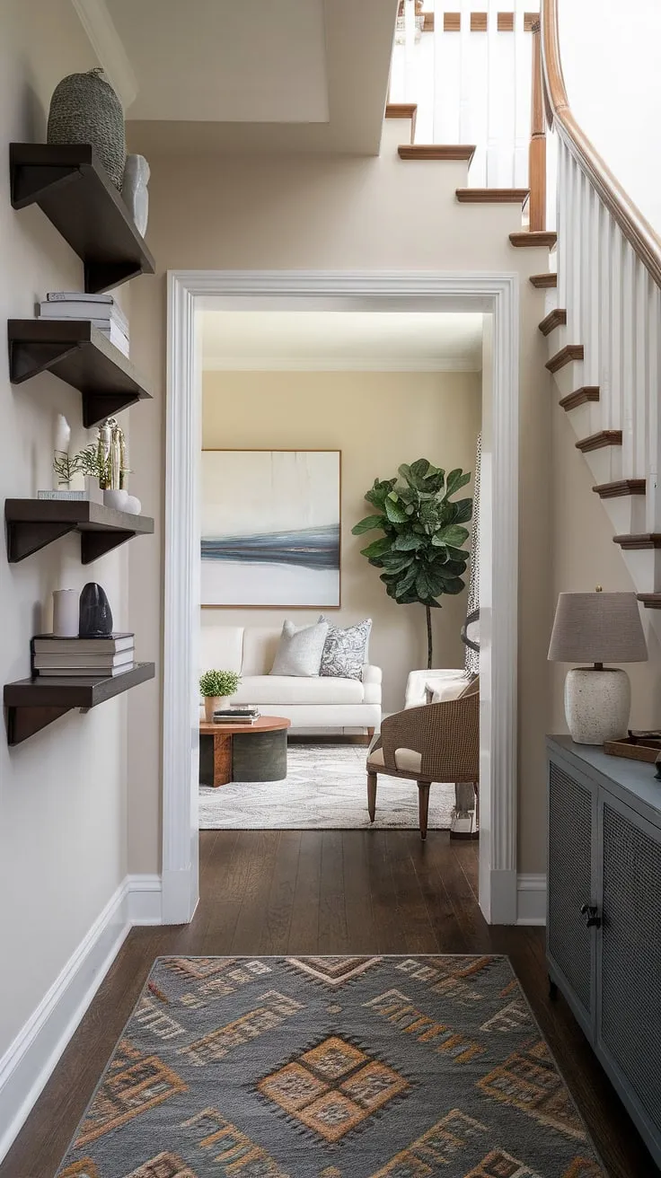 This modern house entrance showcases stunning entry hallway ideas. The living room entrance is defined by sleek entryway ideas and a thoughtfully designed space, highlighting the beauty of under staircase wall decor.