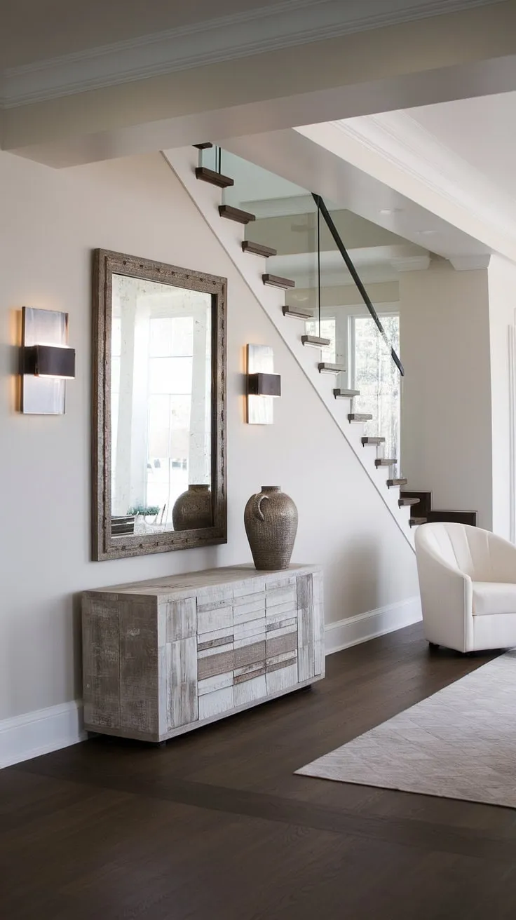 This modern house entrance showcases clever entry hallway ideas with a focus on maximizing space and style. The entryway wall features a large mirror with a rustic frame, flanked by wall sconces, and topped with a decorative vase – a perfect example of under staircase wall decor. The floating staircase with glass railing adds an element of airy sophistication to this living room entrance. The dark wood floors and white walls create a clean backdrop for this modern home entrance design, demonstrating sleek entryway ideas at their finest.