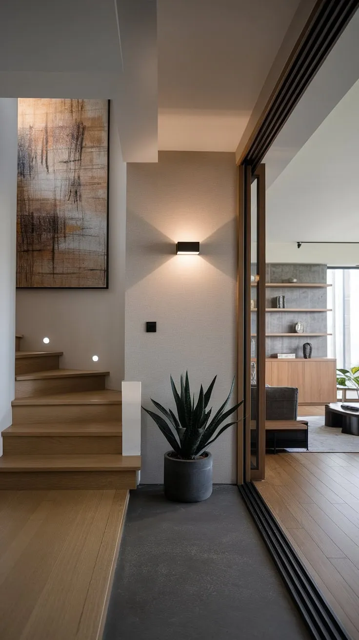 Step into serenity: This modern home entrance design showcases sleek entryway ideas and clever under staircase wall decor, transforming a simple living room entrance into a statement piece. The entryway wall ideas are perfectly complemented by the minimalist aesthetic.
