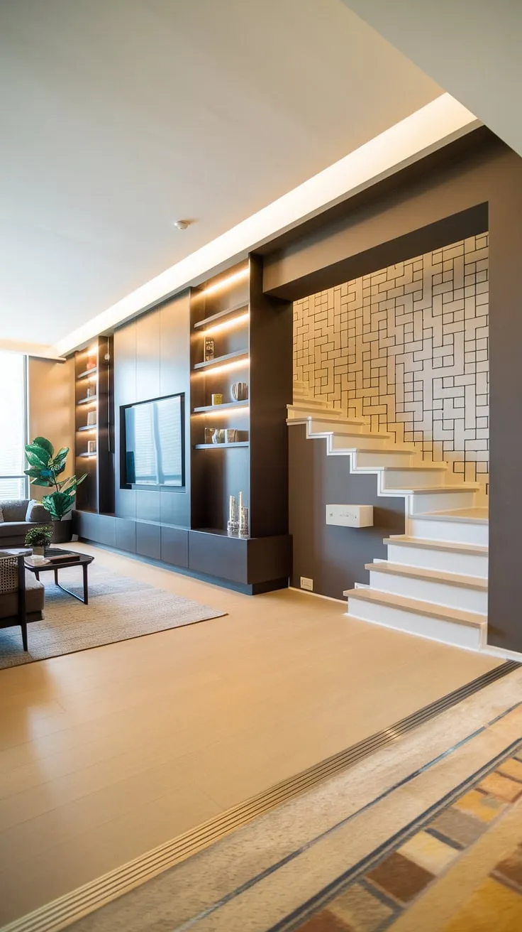 This living room entrance boasts a stunning modern house entrance, featuring sleek entryway ideas and creative entry hallway ideas. Note the striking under staircase wall decor.