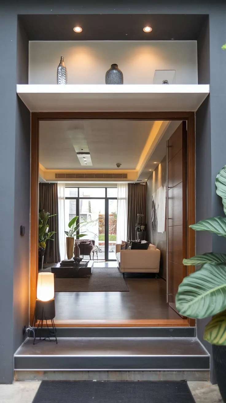 Modern house entrance goals: This living room entrance showcases sophisticated entryway wall ideas, blending a dark grey backdrop with warm wood and a touch of greenery. Sleek entryway ideas meet comfortable living in this stunning modern home entrance design.