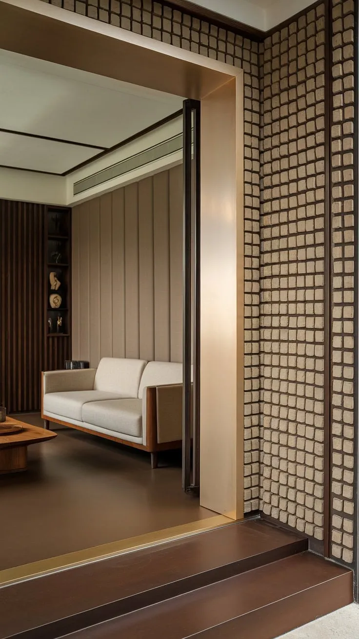 Step into modern living with this sleek living room entrance. The unique entryway wall ideas, featuring small wooden panels, add warmth to the modern home entrance design.
