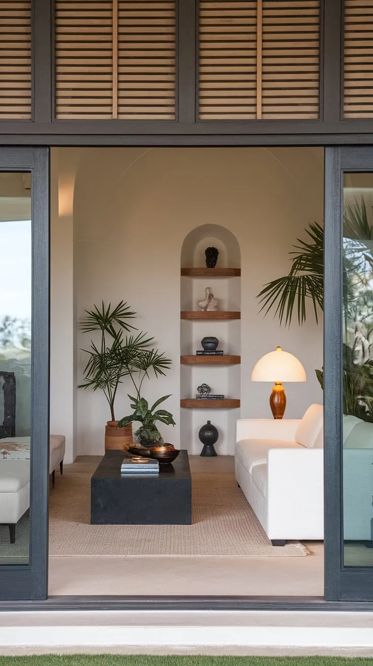 This modern house entrance boasts a captivating blend of style and functionality. The entryway wall ideas are brilliantly executed with the built-in shelving, providing ample under staircase wall decor. The living room entrance flows seamlessly into the space, featuring a minimalist white sofa and black coffee table, accented by a vintage lamp and a touch of greenery. The overall design offers inspiration for sleek entryway ideas and creative entry hallway ideas in a modern home.