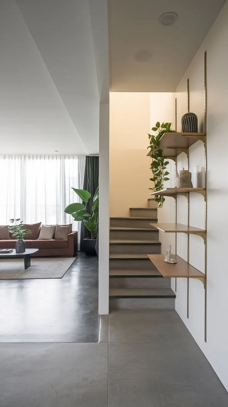 This stunning modern house entrance boasts clever entry hallway ideas, including a sleek entryway design that maximizes space. The entryway wall ideas are brilliantly executed, with built-in shelving and a plant creating a welcoming atmosphere. The living room, visible beyond, seamlessly flows from this sophisticated living room entrance, showcasing a cohesive modern home entrance design.