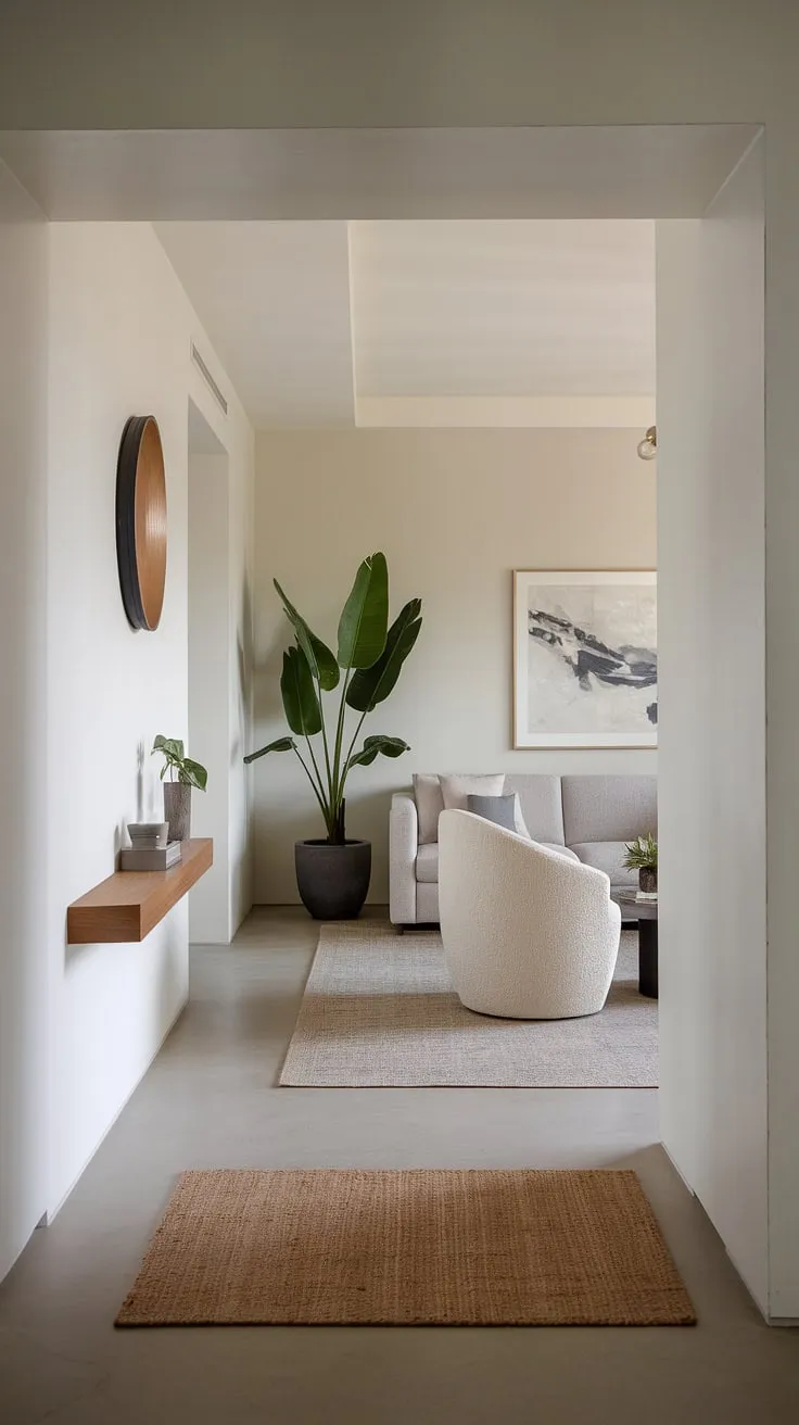 Step into serenity: This sleek entryway sets the tone for the entire living room, showcasing modern home entrance design with clever entryway wall ideas and under staircase wall decor.