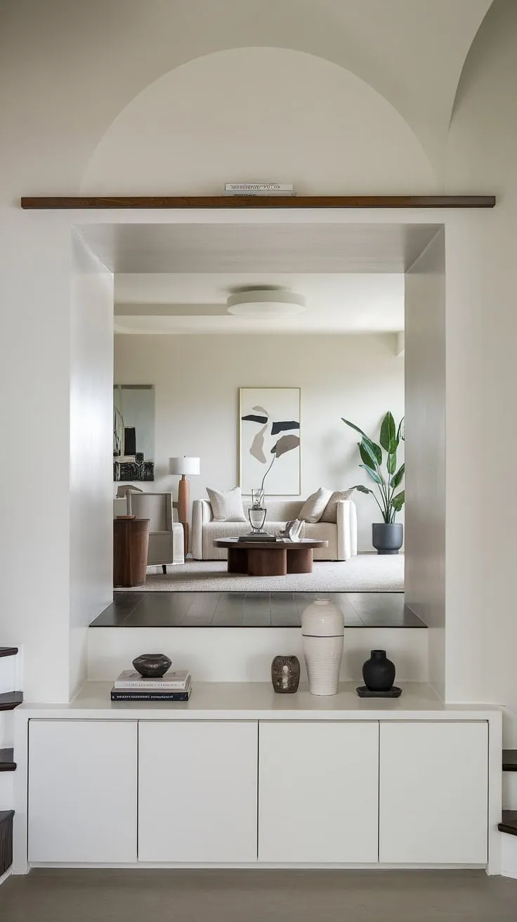A minimalist living room entrance showcasing sleek entryway ideas. The modern home entrance design features a white entryway wall with a slim shelf, offering inspiration for entryway wall ideas. Under-staircase wall decor cleverly utilizes space with a white cabinet. The overall aesthetic provides excellent entry hallway ideas for a modern house entrance.