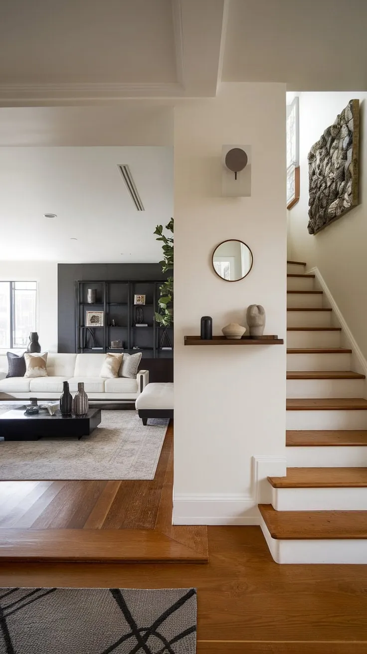 A picture-perfect example of sleek entryway ideas, this modern house entrance boasts a sophisticated living room entrance. The entry hallway ideas are seamlessly integrated, with the entryway wall ideas highlighted by a simple yet effective shelf and mirror. The under staircase wall decor provides a blank canvas for personalization, while the overall modern home entrance design exudes clean lines and understated luxury. The light wood flooring complements the white sofa and black coffee table perfectly.