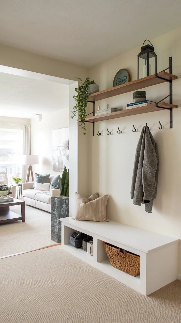 Step into modern living with this sleek entryway design. The built-in bench and stylish wall shelving offer both functionality and a warm welcome, showcasing clever entry hallway ideas and under staircase wall decor solutions.