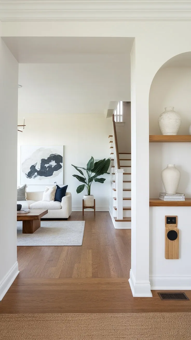 A bright and airy modern home entrance welcomes you with a sleek minimalist design. The living room, visible from the entryway, features a white sofa, wooden coffee table, and a touch of greenery, all set against a backdrop of white walls and light wood floors. Clever under staircase wall decor and thoughtfully chosen entryway wall ideas, including a simple shelf with a white vase, complete the look. This modern house entrance showcases stylish entry hallway ideas and sleek entryway ideas for a clean and inviting atmosphere.