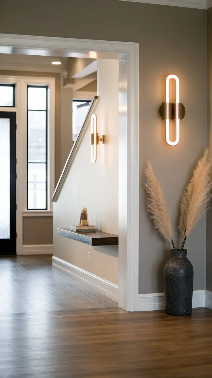 Step into modern living with this sleek entryway. The minimalist shelf and wall sconce under the staircase, paired with stylish lighting and a touch of greenery on the entryway wall, create a sophisticated modern home entrance design. This showcases clever under staircase wall decor and offers inspiring entry hallway ideas for your own modern house entrance. These sleek entryway ideas transform a simple living room entrance into a statement piece.