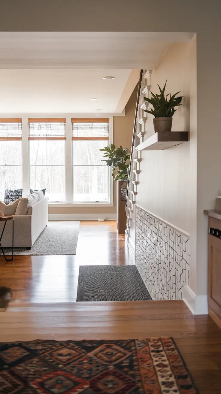 This modern home entrance design is the epitome of sleek entryway ideas. Note the clever use of space, with under staircase wall decor adding visual interest to an often-overlooked area. The living room entrance is bright and airy, thanks to the large windows. Simple yet stylish entryway wall ideas, like the floating shelf and plant, create a welcoming atmosphere. The hardwood floors and geometric wall pattern complete this stunning entry hallway ideas example.