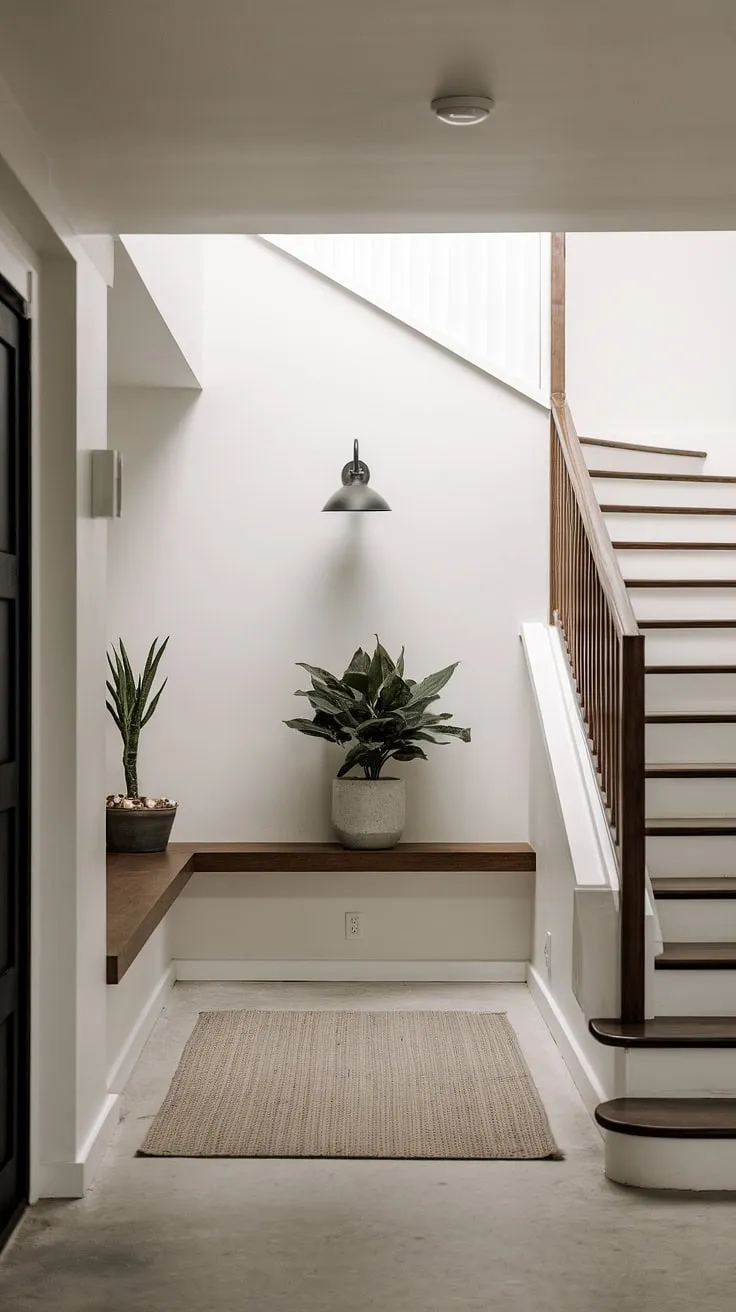 Modern house entrance perfection: This minimalist living room entrance boasts functional design and stylish sleek entryway ideas. Note the thoughtful use of the under staircase wall, a brilliant example of entryway wall ideas.