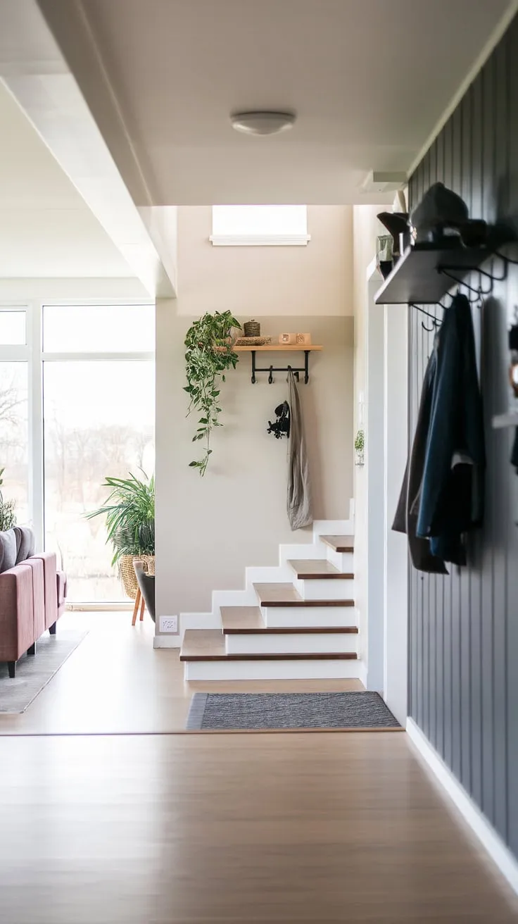 Sunlight streams into the living room entrance of this modern home, highlighting the sleek entryway and light wood flooring. Clever entryway wall ideas, like the minimalist under staircase wall decor with plants and a wooden shelf, add personality without cluttering the space. The dark gray wall in the entry hallway provides a sophisticated backdrop for simple coat hooks, showcasing a functional yet stylish modern house entrance.