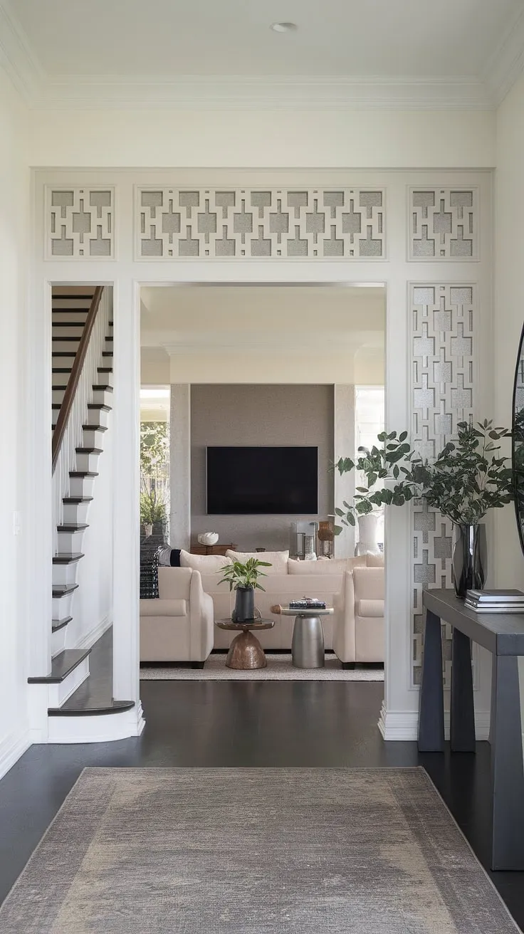 A sleek modern home entrance design welcomes you with a dark grey console table and a vase of greenery, setting the tone for the stylish living room beyond. The entry hallway ideas are perfectly executed, showcasing clever under staircase wall decor with a geometric panel. The beige sofa and rug create a warm contrast against the white walls, while the wall-mounted TV completes the modern aesthetic. This is a prime example of entryway wall ideas and sleek entryway ideas for a contemporary home.