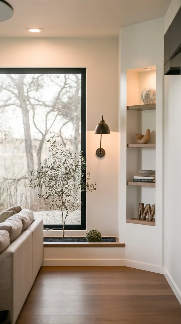 Sunlight streams into this modern home entrance design, illuminating the spacious living room beyond. The sleek entryway, featuring a subtle wall lamp and a small potted plant, leads the eye to a built-in shelf showcasing tasteful decor, a perfect example of under staircase wall decor. The warm wood flooring complements the overall aesthetic, offering inspiration for entry hallway ideas and sleek entryway ideas. This modern house entrance seamlessly blends indoor and outdoor spaces, making it a stunning example of entryway wall ideas.