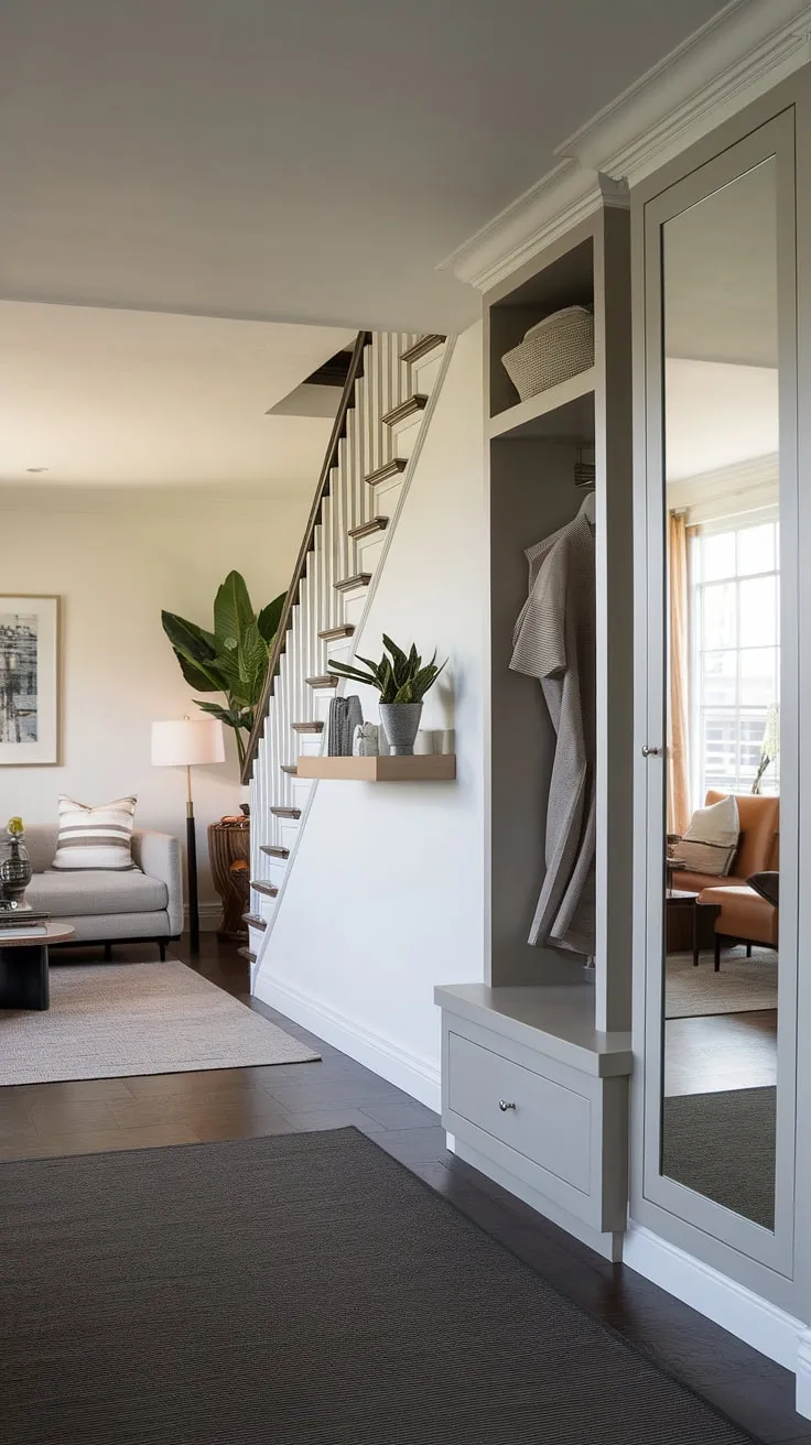 Step into modern living with this sleek entryway, showcasing smart storage and stylish under-staircase decor. A perfect example of entryway wall ideas and modern home entrance design.