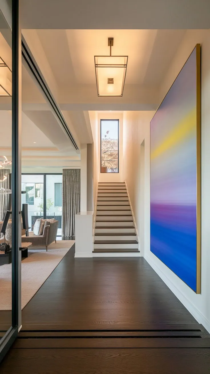 A sleek entryway welcomes you into this modern home entrance design. The dark wood floors contrast beautifully with the vibrant abstract art gracing the under staircase wall decor, offering a striking focal point for this living room entrance. This modern house entrance showcases clever entryway wall ideas and provides inspiration for entry hallway ideas.