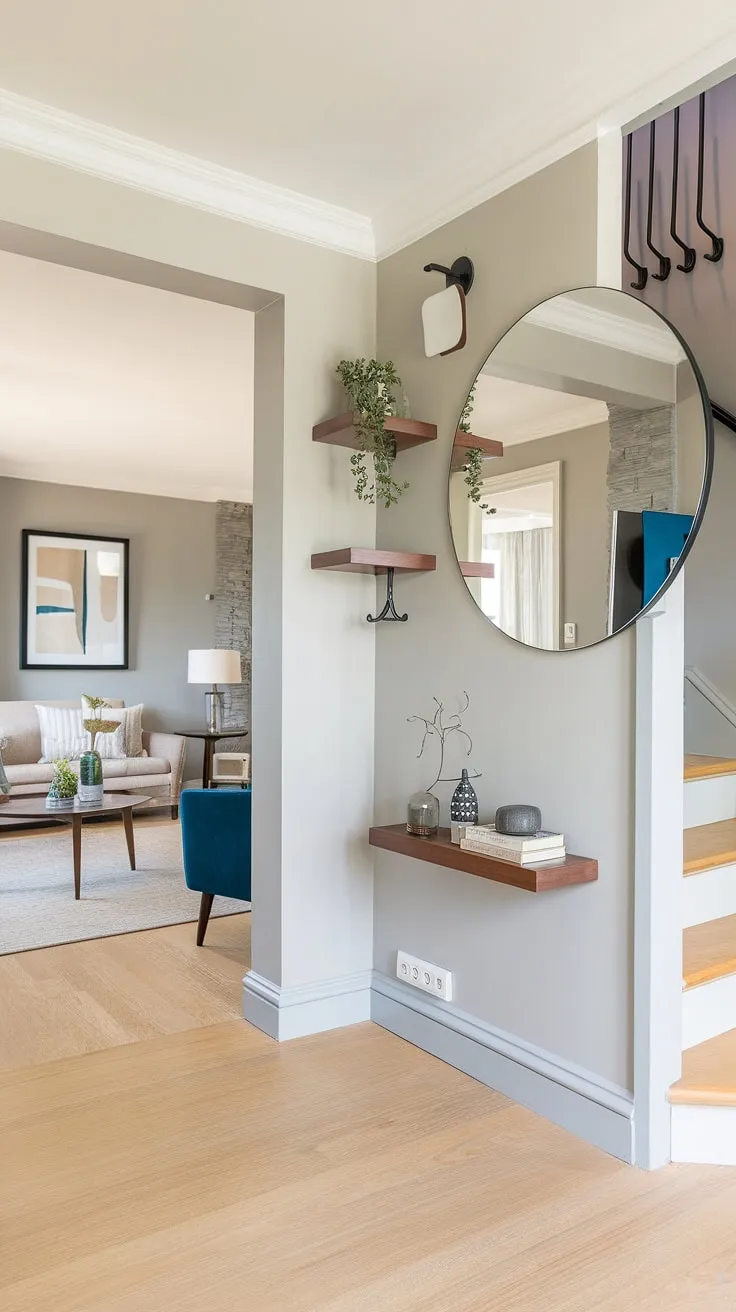 This sleek entryway sets the tone for the entire modern home entrance design. The light grey walls, complemented by the simple shelving and large round mirror, create a welcoming living room entrance. Clever under staircase wall decor with coat hooks maximizes space, while the light wood flooring adds warmth. These entry hallway ideas showcase a sophisticated and functional modern house entrance.
