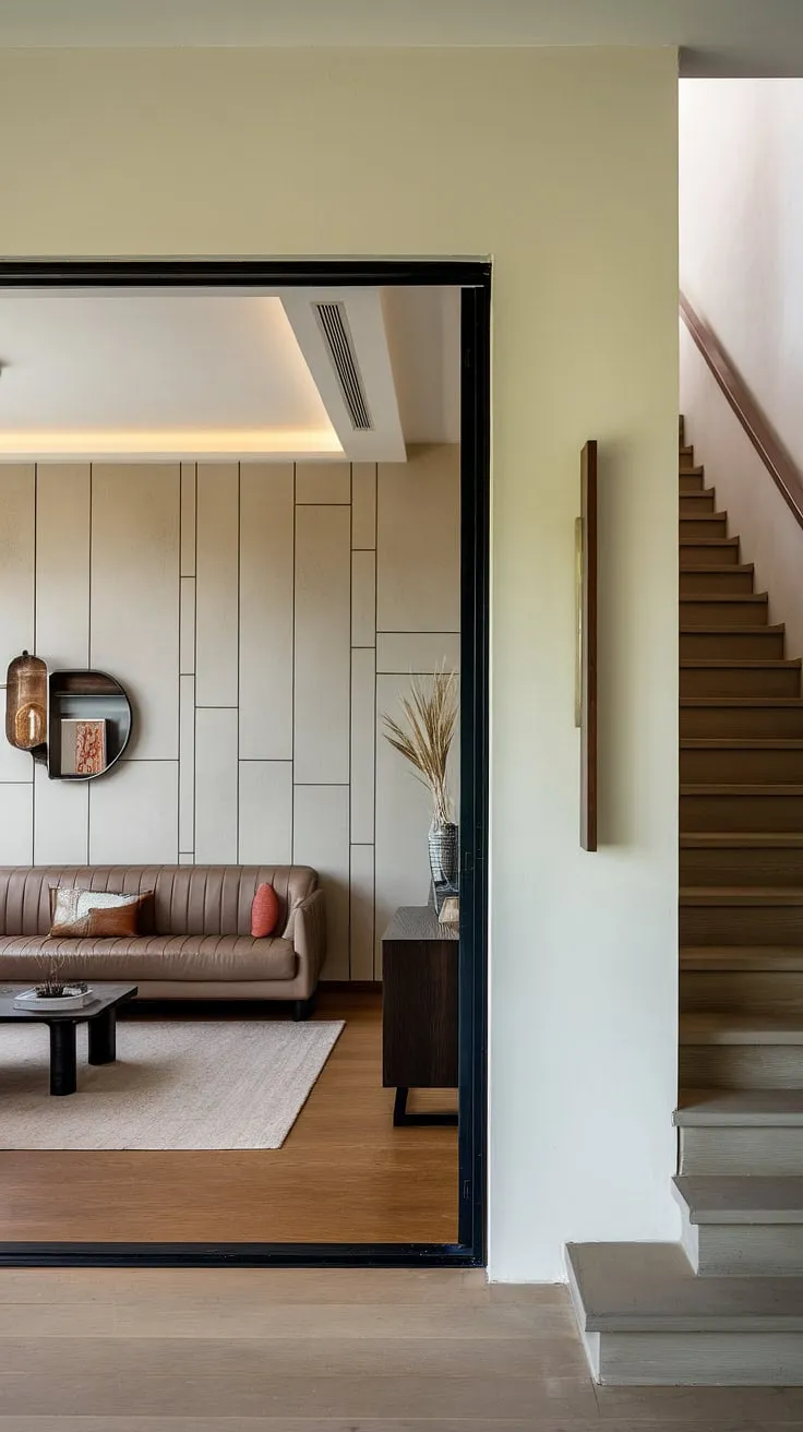 Step into modern living: This sleek entryway design seamlessly connects the living room entrance with stylish under staircase wall decor, offering inspiring entry hallway ideas and modern home entrance design.