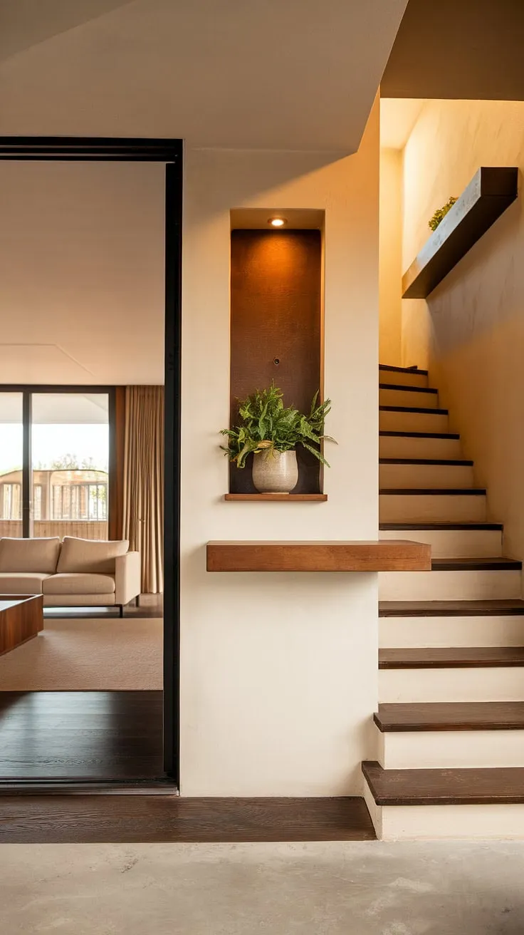 Step into modern living: This sleek entryway design seamlessly connects the living room entrance with stylish entry hallway ideas and clever under staircase wall decor.