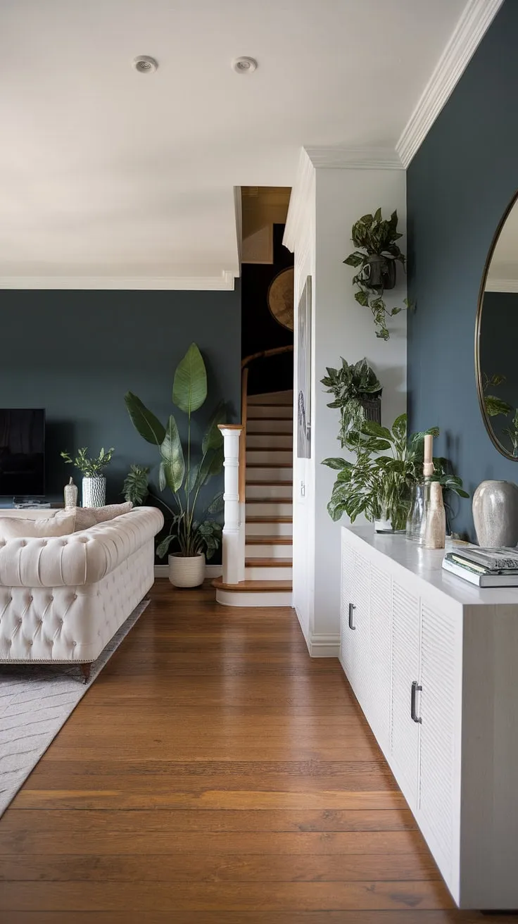 This modern home entrance design boasts a sleek entryway with a white cabinet showcasing decorative items, leading into a living room entrance featuring a plush white sofa, wall-mounted TV, and pops of greenery. The dark blue accent wall provides a sophisticated backdrop, while the under staircase wall decor, complete with potted plants and a large round mirror, maximizes space and adds visual interest. Clever entry hallway ideas and sleek entryway ideas combine to create a welcoming and stylish atmosphere.