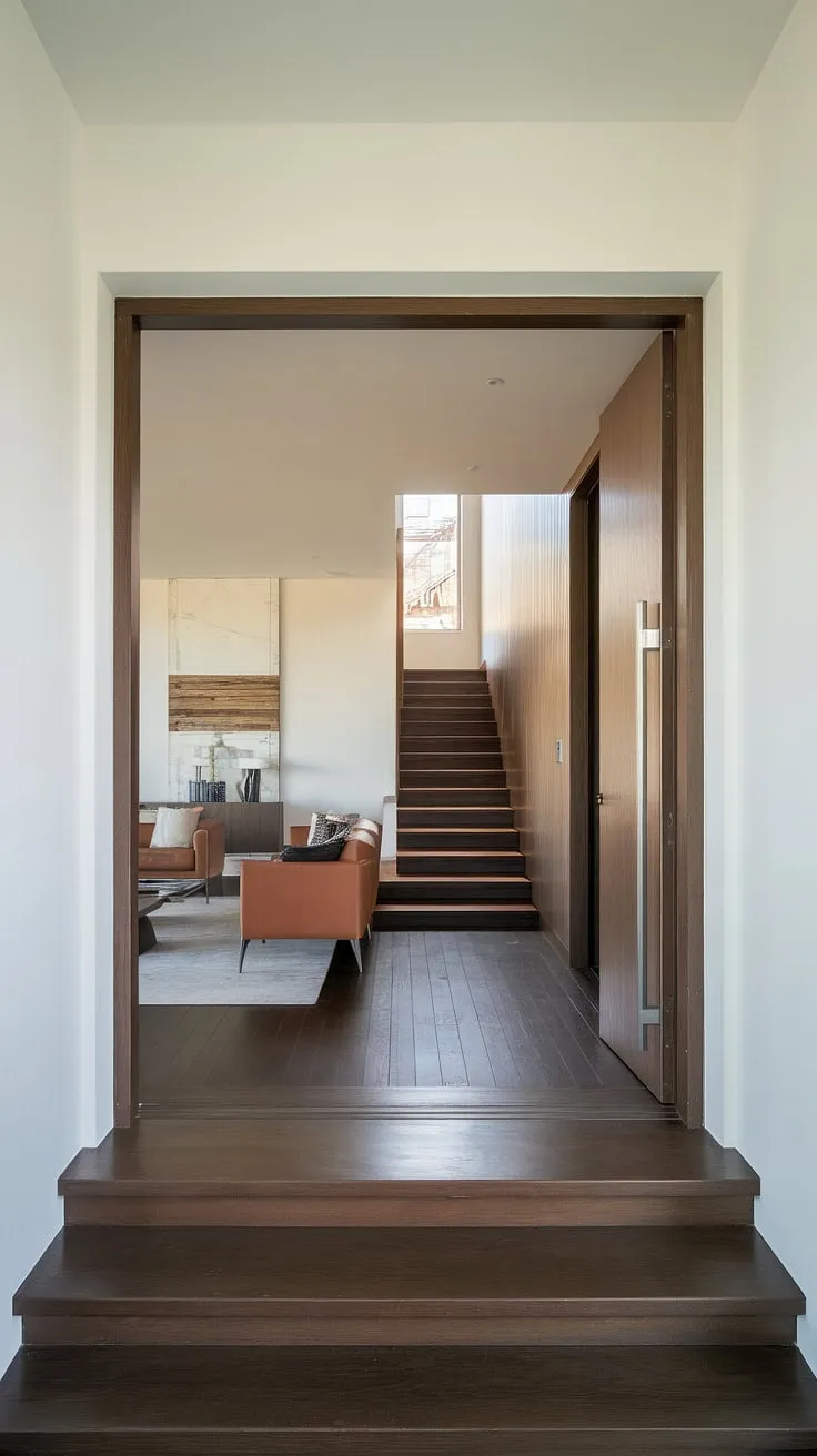 This modern home entrance boasts a sleek design, showcasing sophisticated entryway wall ideas with a striking wooden panel accentuating the staircase. The dark hardwood floors complement the white walls, creating a bright and airy living room entrance. The open layout seamlessly connects the entry hallway ideas to the comfortable living room, offering a welcoming feel. This modern house entrance is the epitome of sleek entryway ideas and clever under staircase wall decor.