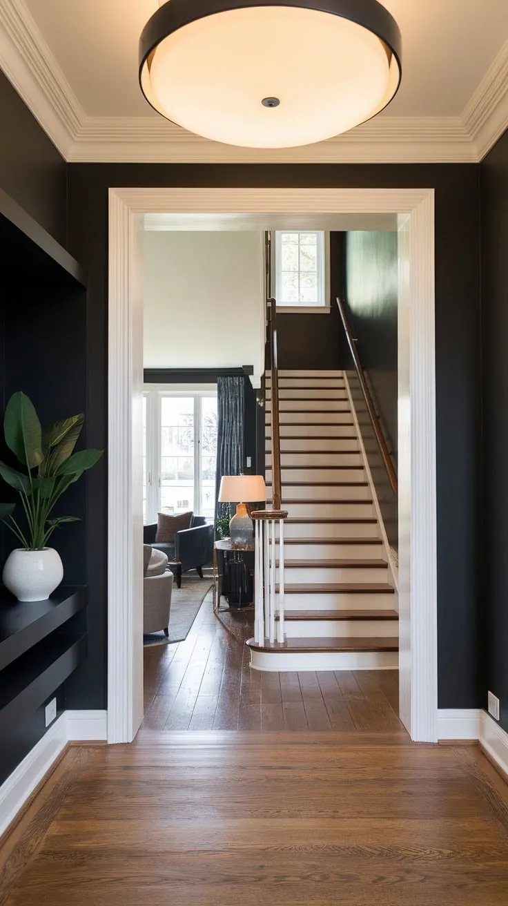 The perfect blend of form and function, this modern home entrance boasts a stunning living room entrance design. Dark walls provide a sophisticated backdrop for the bright white staircase, while the round light fixture adds a touch of elegance. Explore these entryway wall ideas and entry hallway ideas for inspiration. Note the smart use of under staircase wall decor and sleek entryway ideas to create a welcoming and stylish space.