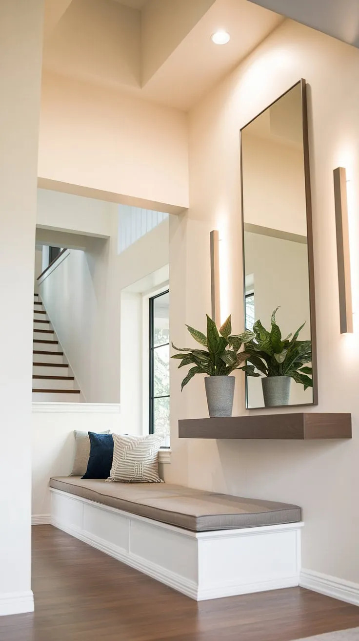 Step into modern living with this sleek entryway design. The floating shelf and mirror add personality to the entryway wall ideas, while the under staircase bench offers a practical and stylish touch to this modern home entrance.
