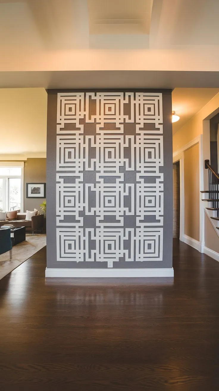 Step into modern living with this sleek entryway design. The geometric under staircase wall decor transforms a simple living room entrance into a statement piece, offering inspiring entry hallway ideas and modern home entrance design.